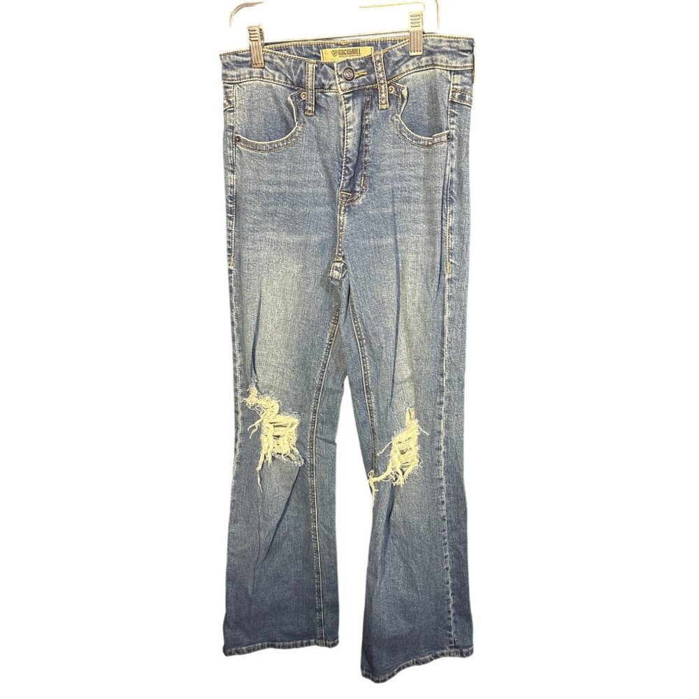 Rock & Roll‎ Denim High Rise Flare Jeans W26 L34 Distressed Blue Denim